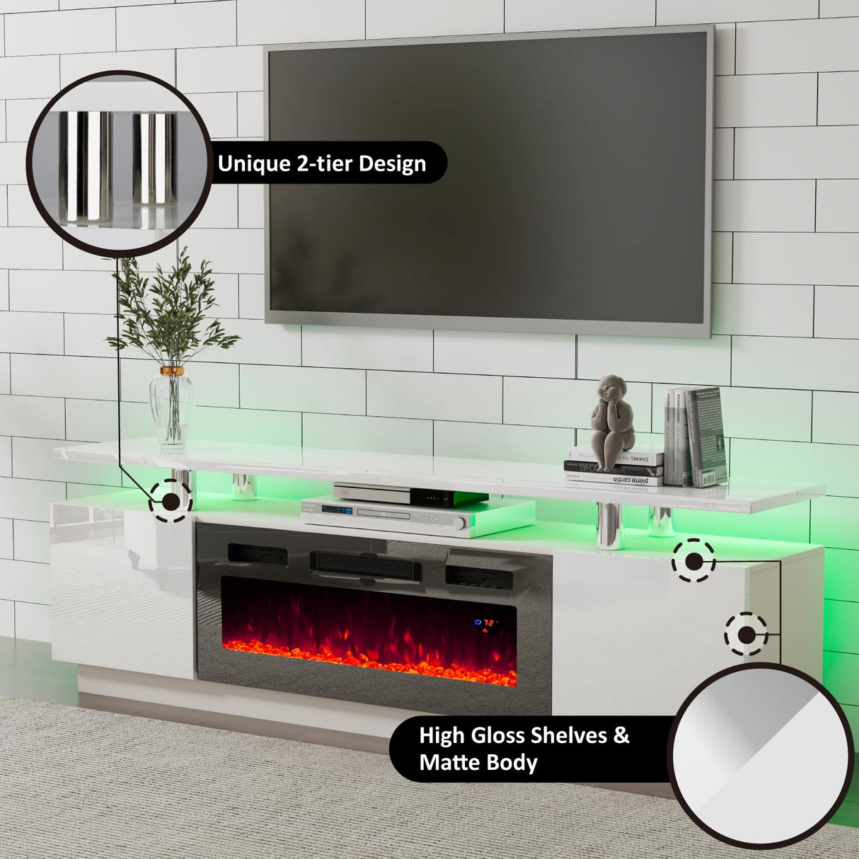 AMERLIFE Wall Unit Entertainment Center with Fireplace & Bookshelves, Includes 70" 2-Tier Fireplace TV Stand, 2 x Wall Cabinets & End Tables, Modern LED Lights TV Console for Living Room, White AMERLIFE