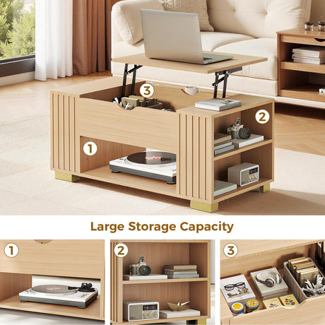COMHOMA Lift Top Coffee Tables for Living Room, 39" Center Table with Hidden Storage Compartment, Adjustable Wooden Tea Table for Small Spaces, Natural Oak COMHOMA