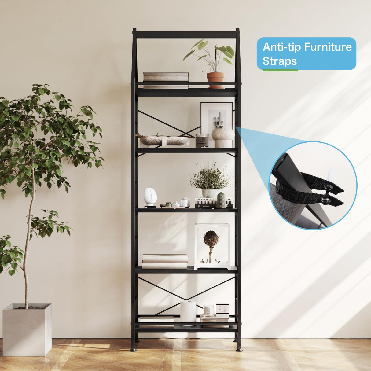 PROXRACER 5-Tier Bookshelf, 24 Inch Tall Standing Bookcase, Modern Display Shelf Unit Storage Organizer Rack for Study Room Home Office,Black PROXRACER