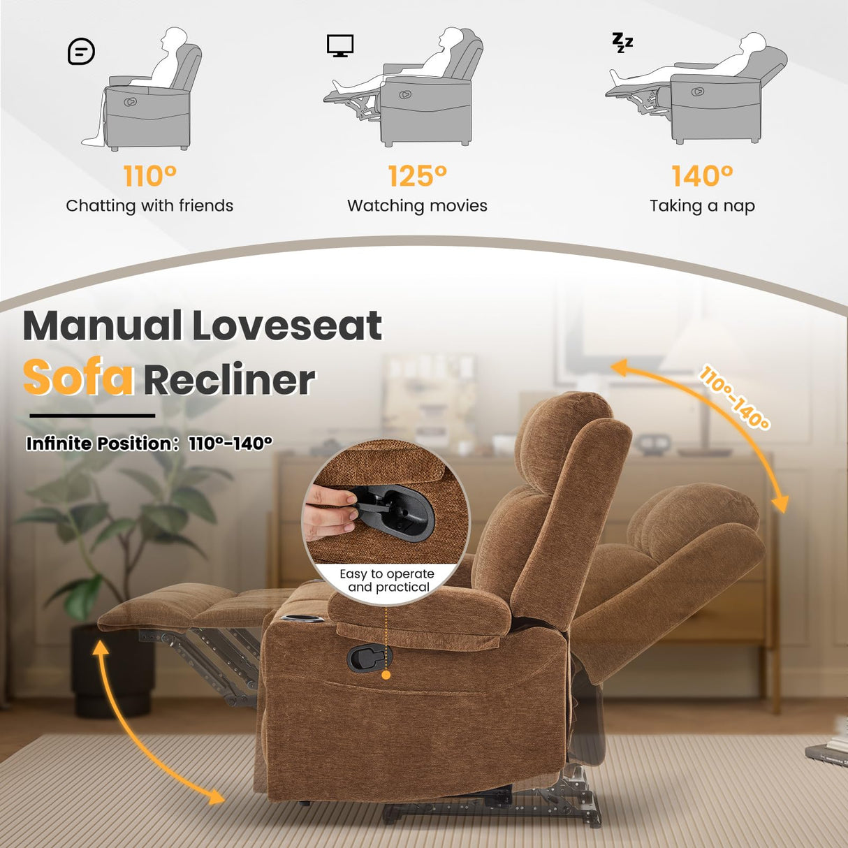 RIHEREFY Loveseat Recliner Sofa, Double Seat Couch with Adjustable Footrest, Wall Hugger Sofa for Living Room & Home Theater & RV(Brown) RIHEREFY
