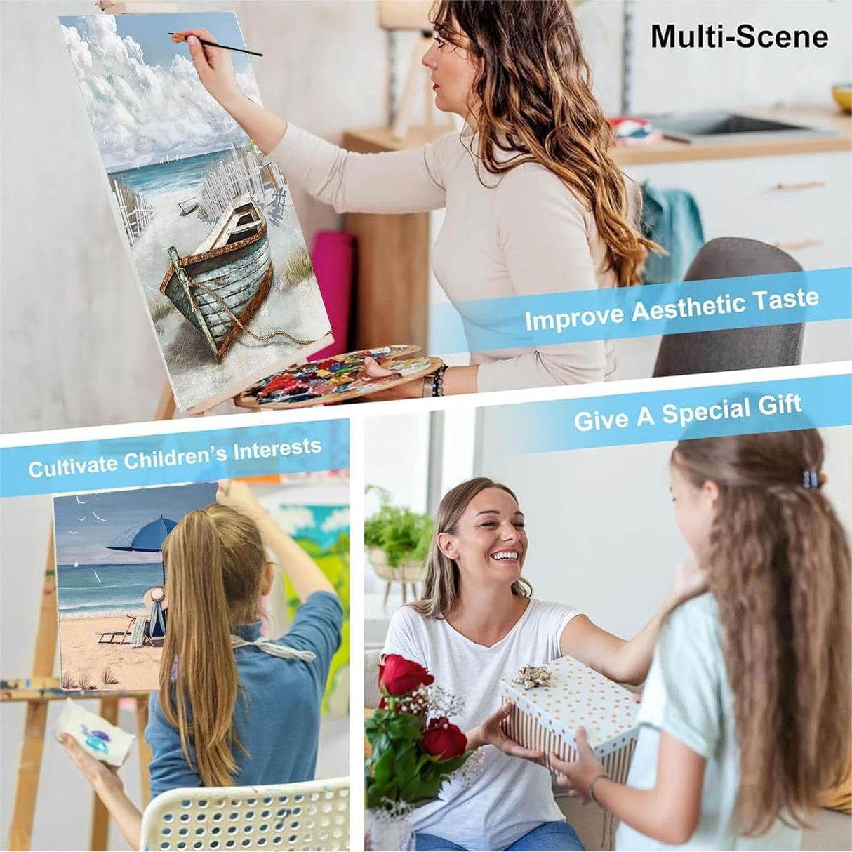 ajepon 4 Pack Framed Paint by Numbers Kit for Adults-Beach Paint by Numbers Kit for Adults with Frame,DIY Seaside Scenery Acrylic Oil Painting Kits with Framed Canvas 8x12inch (with Wooden Easel) ajepon