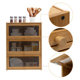 LARIDEN 3 Tiers Bamboo Storage Cabinet for Kitchen Countertop, Freestanding Pantry Cabinet with Flip-Up Door Organizer Shelf for Spice Seasoning Bottles, Plates, Cups Storage Cabinet LARIDEN
