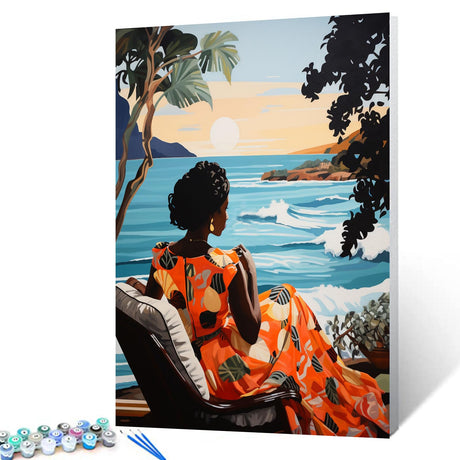 African Black Girl Paint by Number Afro Boho Women Painting Style DIY Painting On Canvas with Brushes Acrylic Paints Summer Seascape Paintwork for Adults , Kids Beginner 16x20 Inch Gift（Frameless） TUMOVO