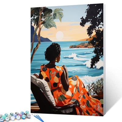 African Black Girl Paint by Number Afro Boho Women Painting Style DIY Painting On Canvas with Brushes Acrylic Paints Summer Seascape Paintwork for Adults , Kids Beginner 16x20 Inch Gift（Frameless）