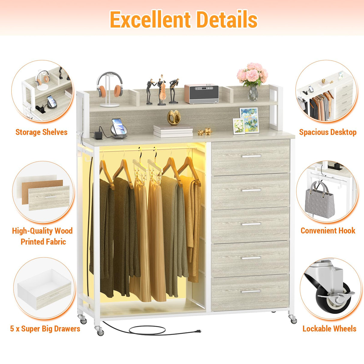 Cyclysio Dresser for Bedroom with Clothes Rack & Shelves, 5 Drawers Dresser with Charging Station & LED Lights, Chest of Drawers with Lockable Wheels, Storage Shelves, Closet, Entryway Cyclysio