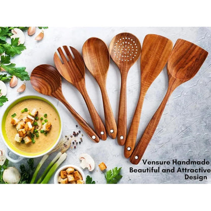 Vensure Wooden Spoons for Cooking 6-Piece, 12 Inch Wooden Spatula Spoon Set for Cooking, Non-Stick Wooden Cooking Utensils -Soft Comfort-Grip Wood Spoons for Cooking, Wooden Spoon with Handmade Design