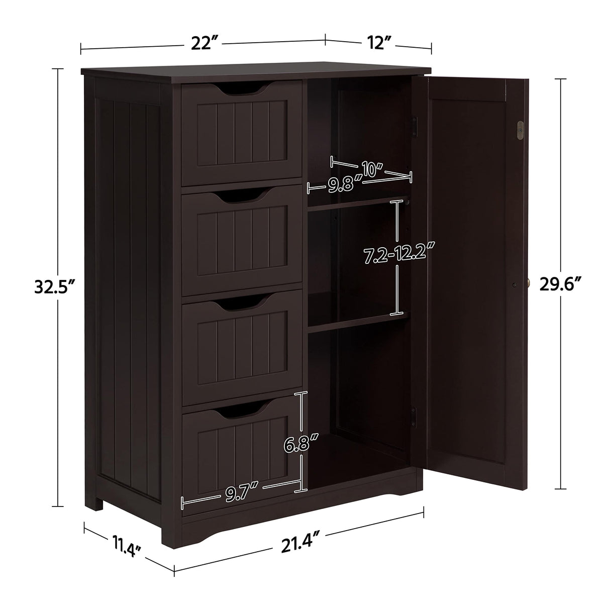 Yaheetech Espresso Wooden Bathroom Storage Cabinet with 4 Drawers and Cupboard Yaheetech