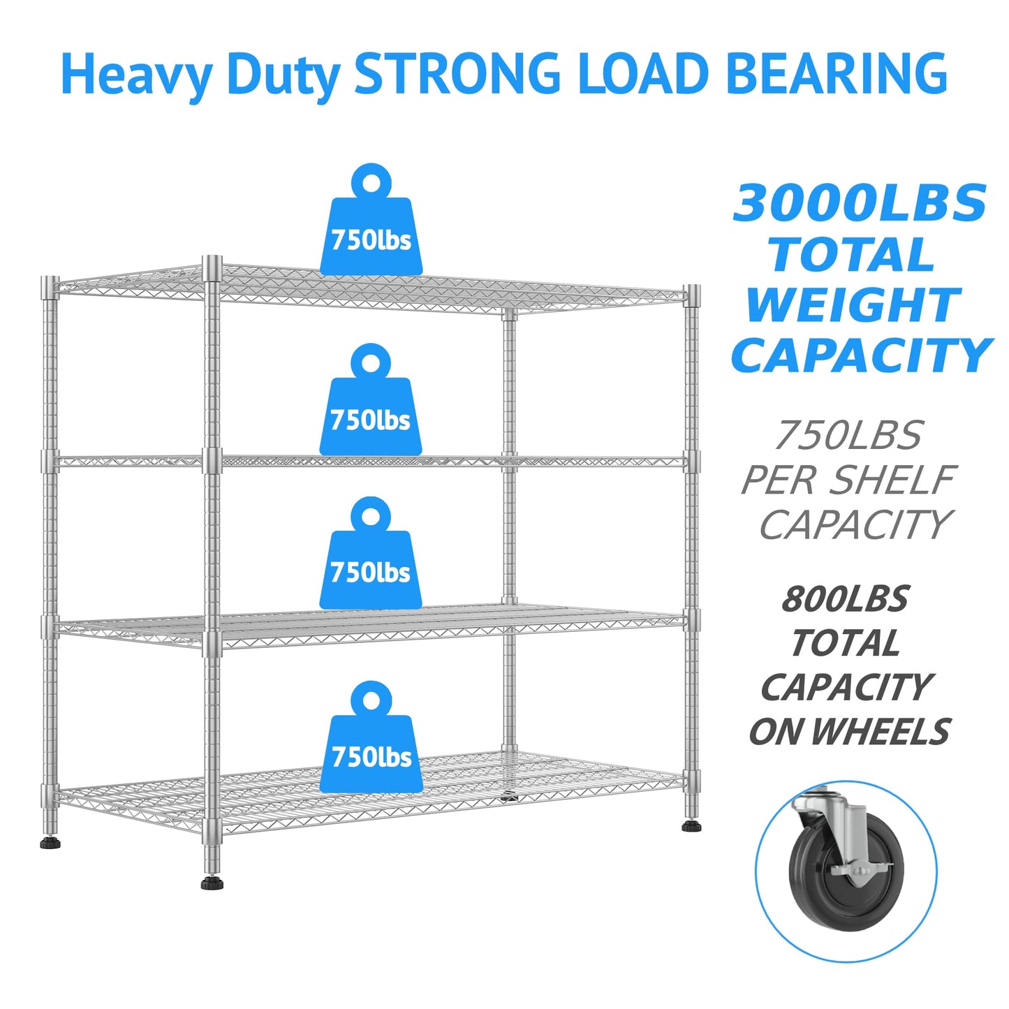 Homdox Heavy Duty Metal Shelves for Storage, 4 Tier Storage Racks and Shelving, Commercial Adjustable Wire Shelving Unit on Wheels, Garage Rack Pantry Shelves Kitchen Shelving, 24"x60"x72", Chrome