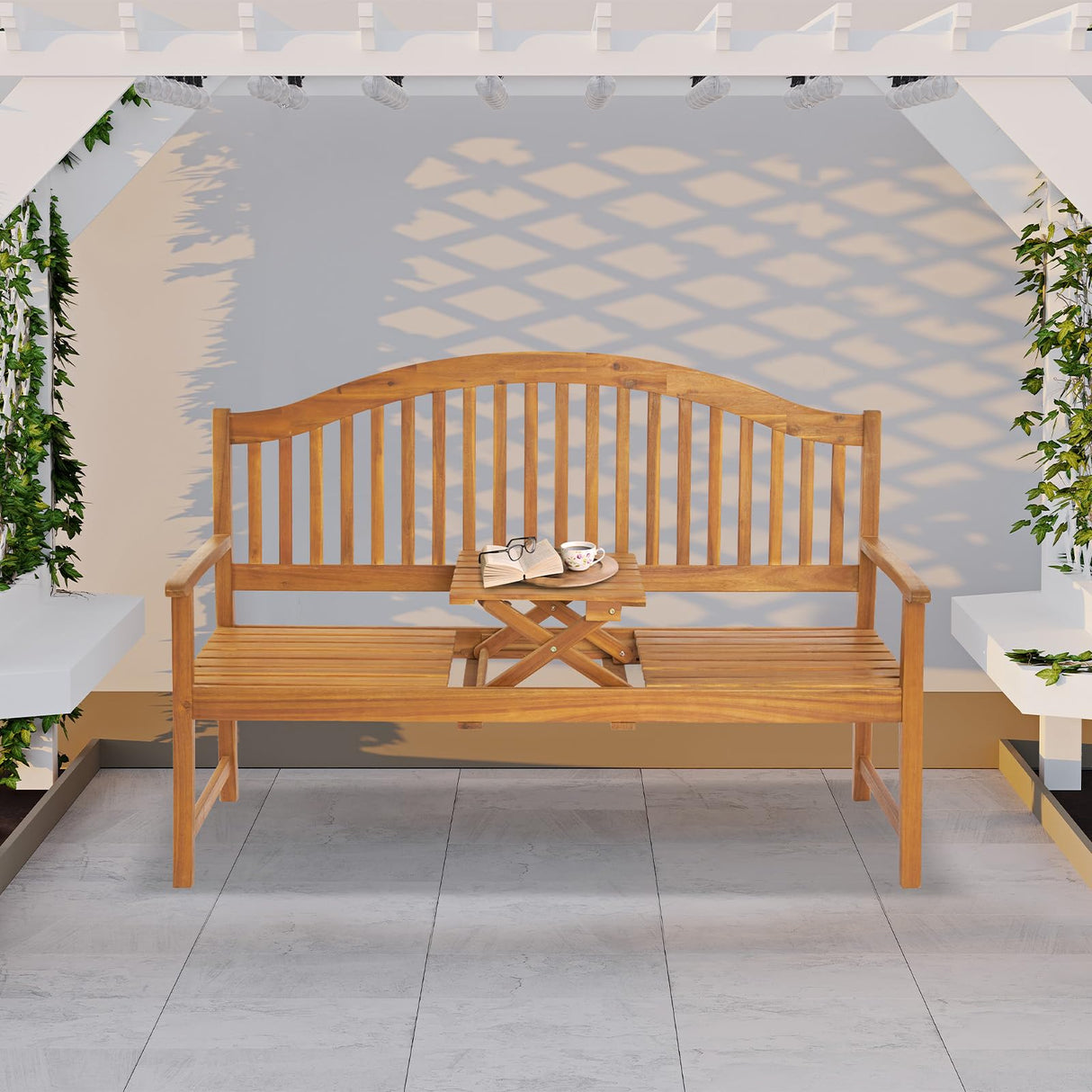 VINGLI 59” Outdoor Bench Garden Bench, Acacia Wood Porch Bench with Table, Wooden Patio Seating for Poolside Balcony Backyard VINGLI