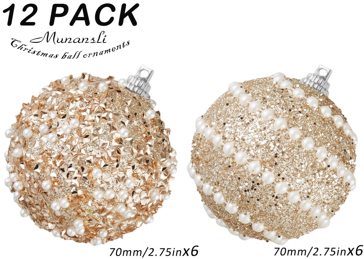 Champagne Gold Christmas Ball Ornaments,12ct Christmas Tree Shatterproof Plastic Hanging Sequin Xmas Balls for Festivals Holiday Party Decorations(70mm/2.76") Munansli