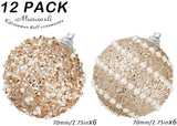 Champagne Gold Christmas Ball Ornaments,12ct Christmas Tree Shatterproof Plastic Hanging Sequin Xmas Balls for Festivals Holiday Party Decorations(70mm/2.76") Munansli