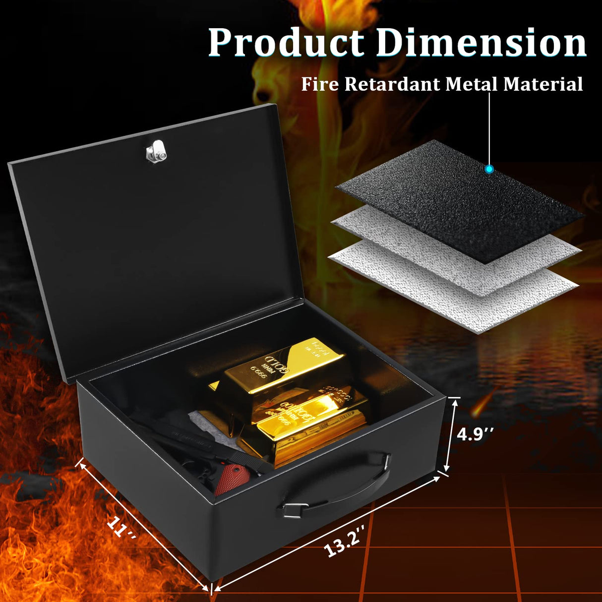 Dalmbox Portable Metal Safe Box with Key Lock - Fire Resistant Storage for Documents, Car, Home and Outside - X Large 13.2"x 11"x 5.1" Black Box Dalmbox