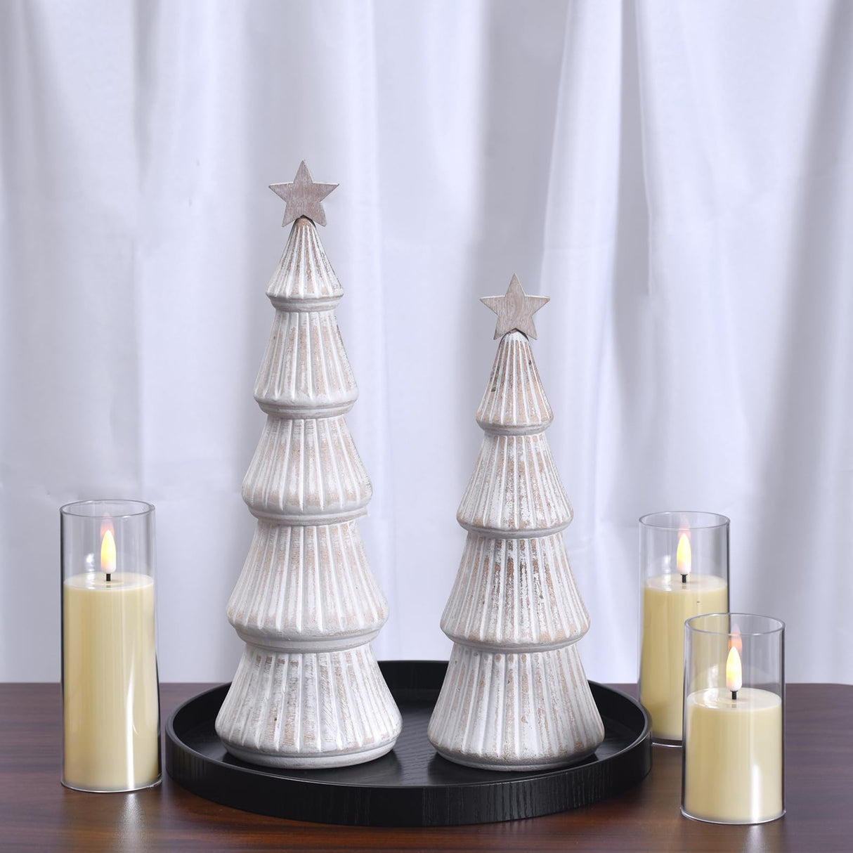 Wooden Christmas Tree Figurines with Removable Star, 2Pcs Distressed White Wood Christmas Trees, Rustic Xmas Centerpieces for Tables, Farmhouse Christmas Decor Indoor (White) Ovootok