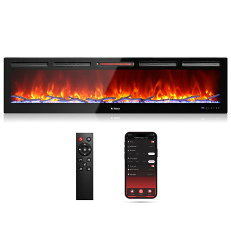 TURBRO 72” Smart WiFi Infrared Electric Fireplace with Sound Crackling and Realistic Flame, 1500W Quartz Heater, Recessed or Wall Mounted, Adjustable Flame Effects, Remote Control and App, in Flames TURBRO