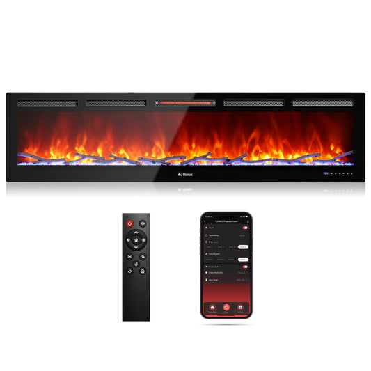 TURBRO 72” Smart WiFi Infrared Electric Fireplace with Sound Crackling and Realistic Flame, 1500W Quartz Heater, Recessed or Wall Mounted, Adjustable Flame Effects, Remote Control and App, in Flames