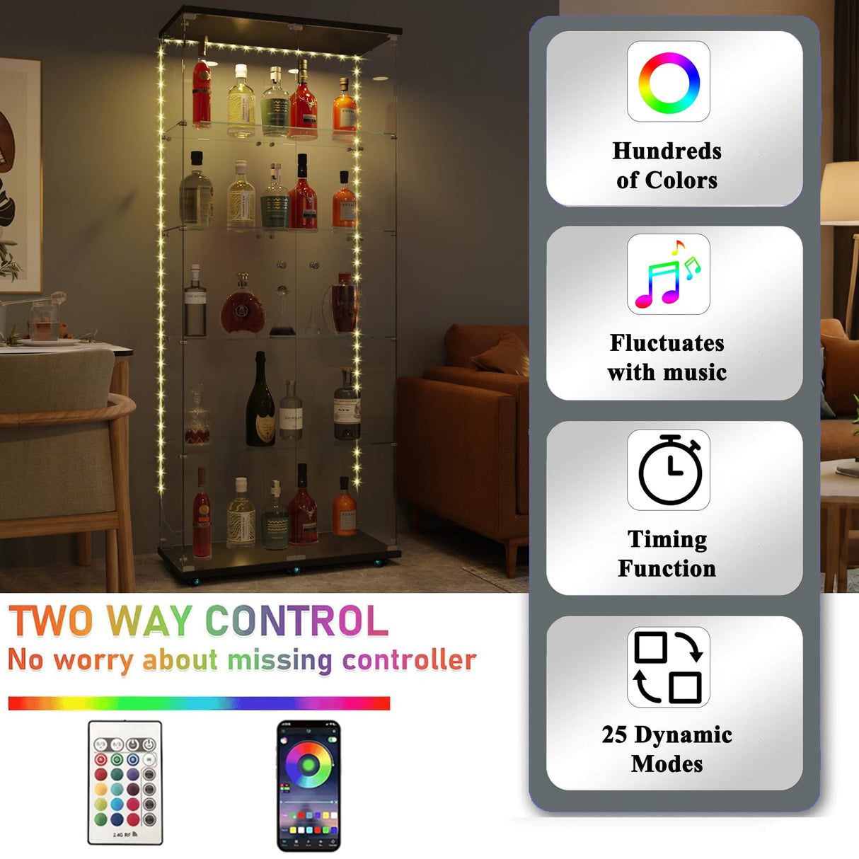 nifoti Glass Display Cabinet with LED Light Strip, 5 Shelves with 2 Doors, Curio Storage Cabinets with Lock & Caster for Living Room, Office, Floor Standing Glass Bookshelf, Quick Installation - Black nifoti