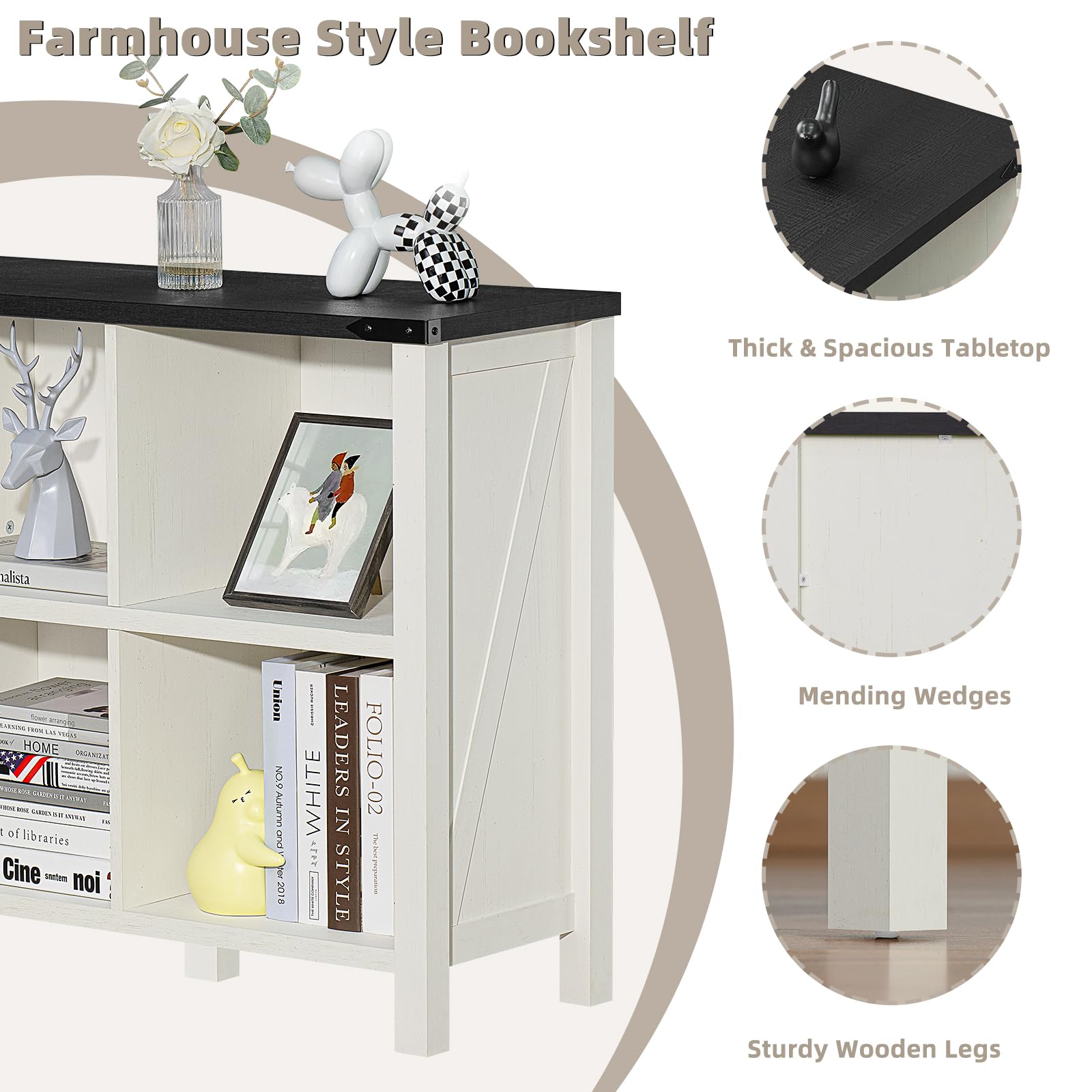 Joaxswe Rustic Farmhouse 6-Cube Bookcase in Antique White & Black for Elegant Storage Solutions - WoodArtSupply