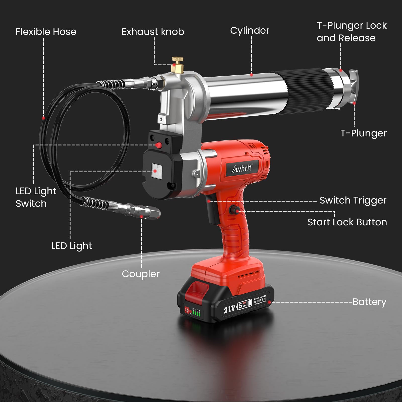 Avhrit Power Grease Gun, [with Super Bright LED Light] Grease Gun Battery Powered High Efficient 10000PSI Electric Grease Gun with 2 Batteries and Charger, 39.4” Long Hose and Quick Release C - WoodArtSupply