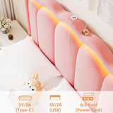 Twin Upholstered LED Bed Frame with Storage Drawer and Adjustable Chic Double Wavy Headboard, Velvet Princess Platform Bed for Girls/Kids, Solid Wood Slats Support, No Box Spring Needed, Pink Jocoevol