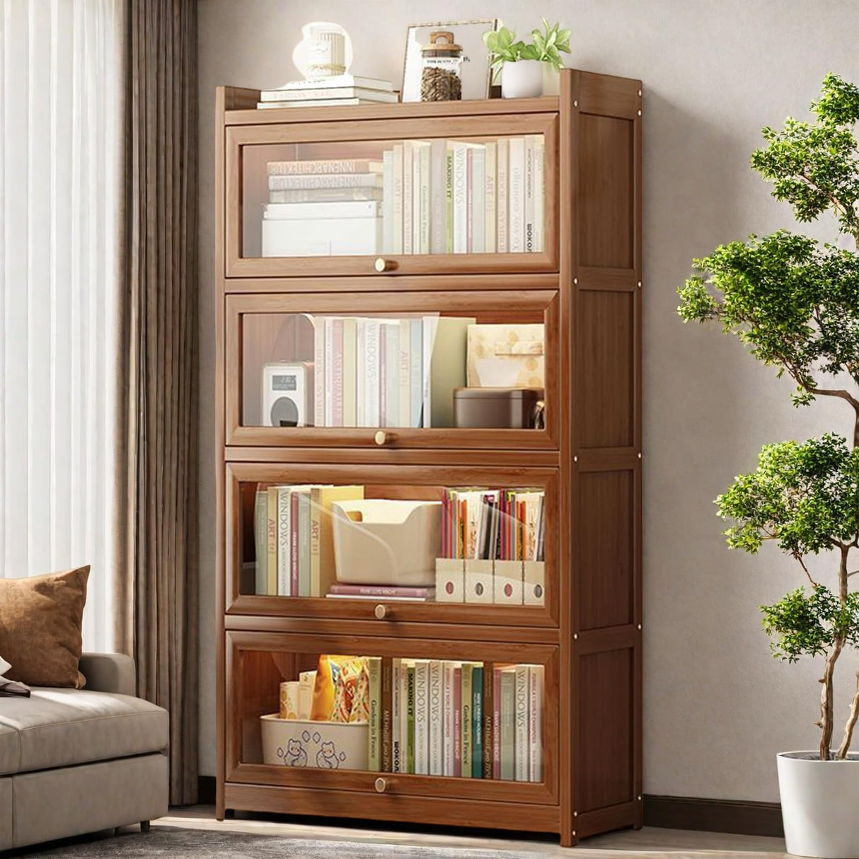 Gakivit 55" Bamboo Bookshelf with Flip-up Acrylic Doors, 4-Tier Bookcase with Clear Doors, Freestanding Cube Storage Organizer with Shelves, Wooden Display Cabinet for Living Room, Study (Brown) Gakivit