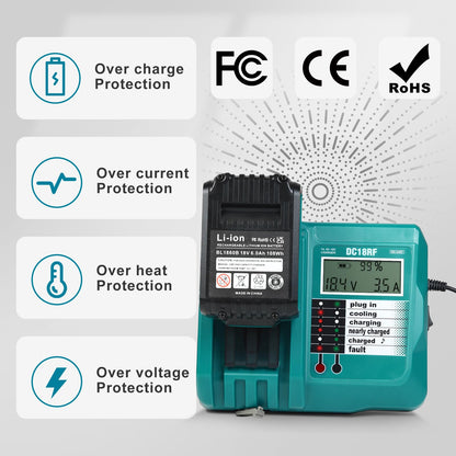 YongerTool BL1860 18V 6.0Ah Battery and Charger for Makita,New Version DC18RC Charger with LCD Display Cooling Fan Compatible with Makita LXT Li-ion Battery BL1850 BL1840 BL1830 BL1820 BL1815 - WoodArtSupply