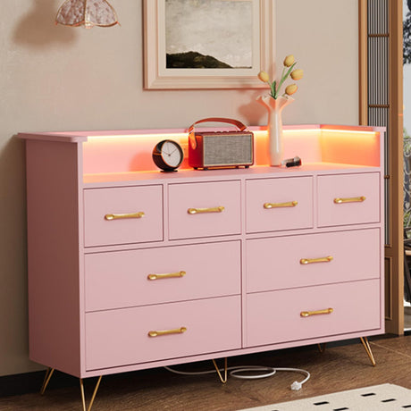 Pink Dresser with Power Outlet and LED Lights, Wood 8 Drawer Dresser for Bedroom, Modern Chest of Drawers with Gold Handles and Open Storage Space for Closet, Living Room, Entryway HarmoHaby
