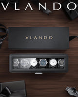 Vlando Watch Case for Fathers Day Gifts, 6-Slot Watch Box for Men with Glass Lid, Lockable, Business Textured Leather, Soft Pillow, Gifts for Dad, Husband, Friends - Black Vlando