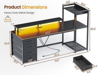 SEDETA 59" Computer Desk with 4 Drawers and Shelves, Gaming Desk with LED Lights & Power Outlets, Home Office Desk with Large Storage Space, Work from Home, Black - WoodArtSupply