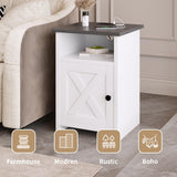 AURINEST Farmhouse Night Stand Set of 2 with Charging Station, End Tables with USB Ports&Power Outlets, Rustic Bed Side Table with Barn Door and Shelf for Living Room, Bedroom, Small Spaces, White AURINEST