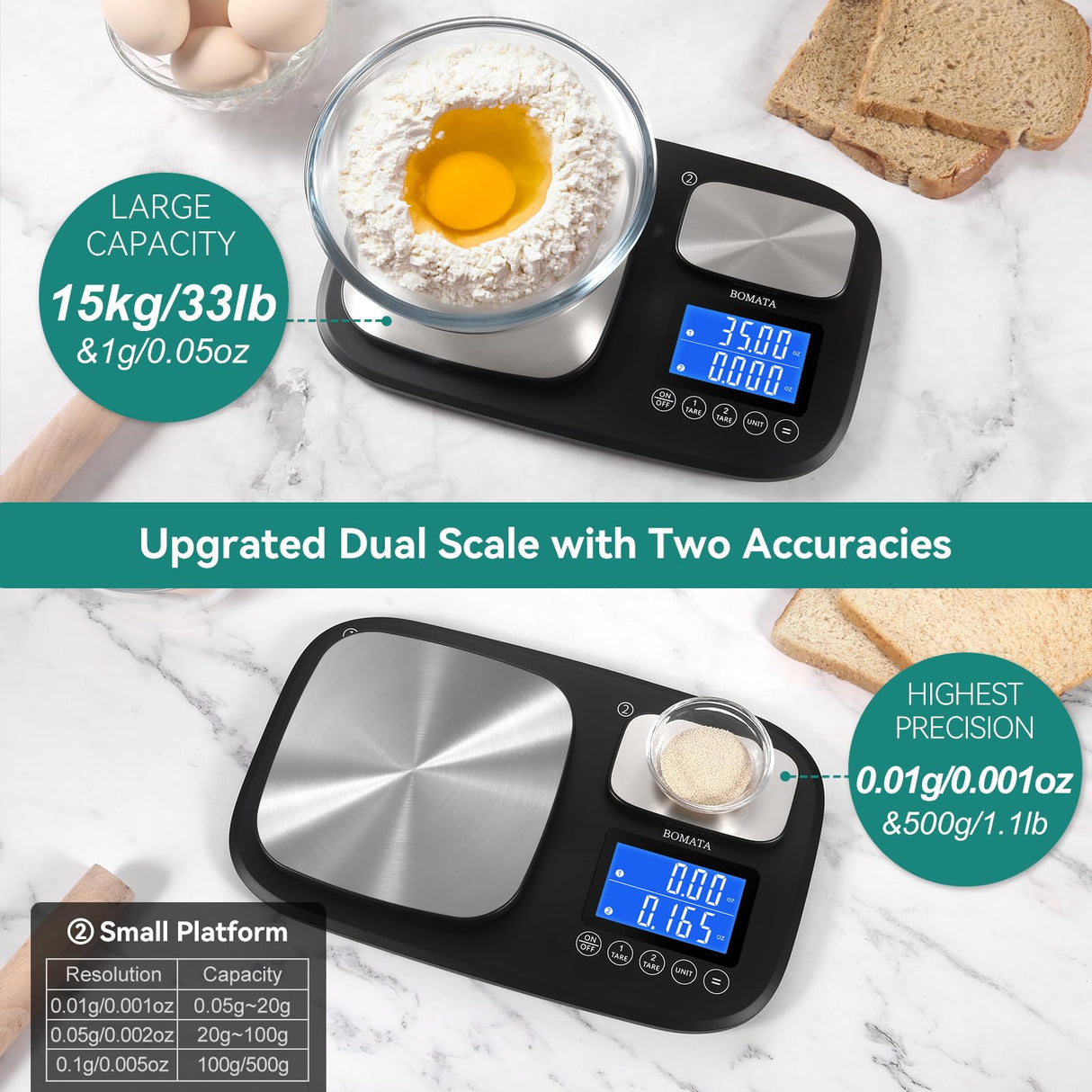 BOMATA 0.01g/500g & 1g/15kg Dual Platform Kitchen Scale with Two Precisions, Accumulation Function, Gram and Ounce, Digital Scale for Food, Baking, Yeast, Jewelry B614 BOMATA