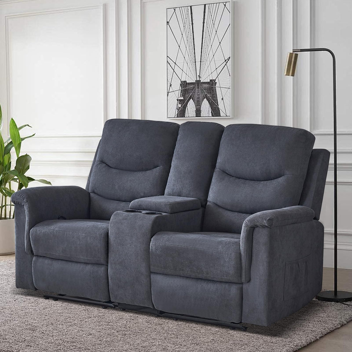 Consofa Reclining Loveseat with Console, Wall Hugger Love Seat Recliner RV Theater Sofa, Double Recliner Loveseat with Cup Holder and Side Pocket for Living Room (Gray) Consofa