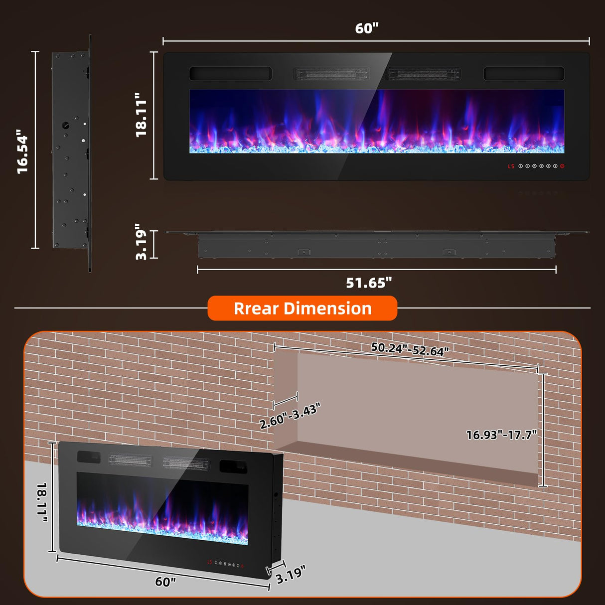 BREEZEHEAT 60 inch Electric Fireplace Wall Mounted/Freestanding-Ultra Thin Fireplace Inserts for Living Room with Heater, Remote Control, Touch Screen, Led Flame, 8H Timer, 750w/1500w BREEZEHEAT