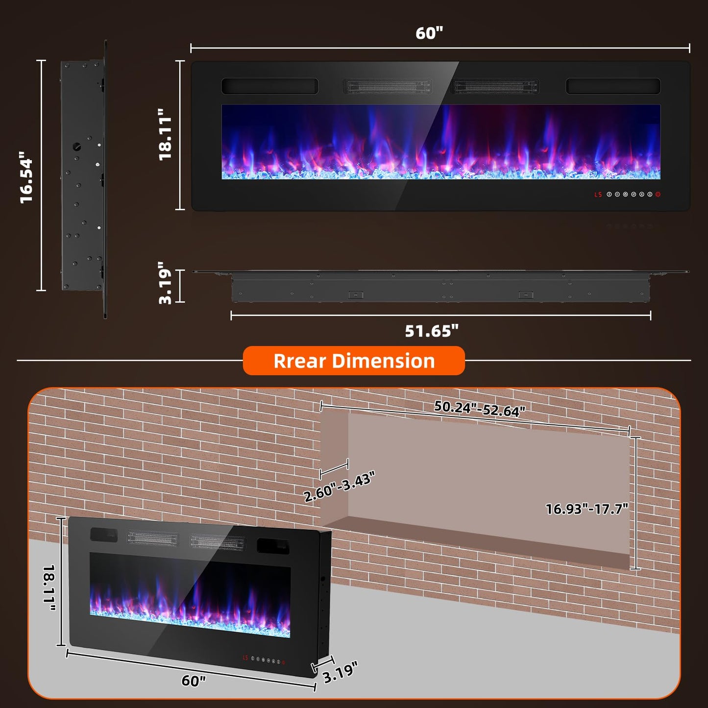 BREEZEHEAT 60 inch Electric Fireplace Wall Mounted/Freestanding-Ultra Thin Fireplace Inserts for Living Room with Heater, Remote Control, Touch Screen, Led Flame, 8H Timer, 750w/1500w