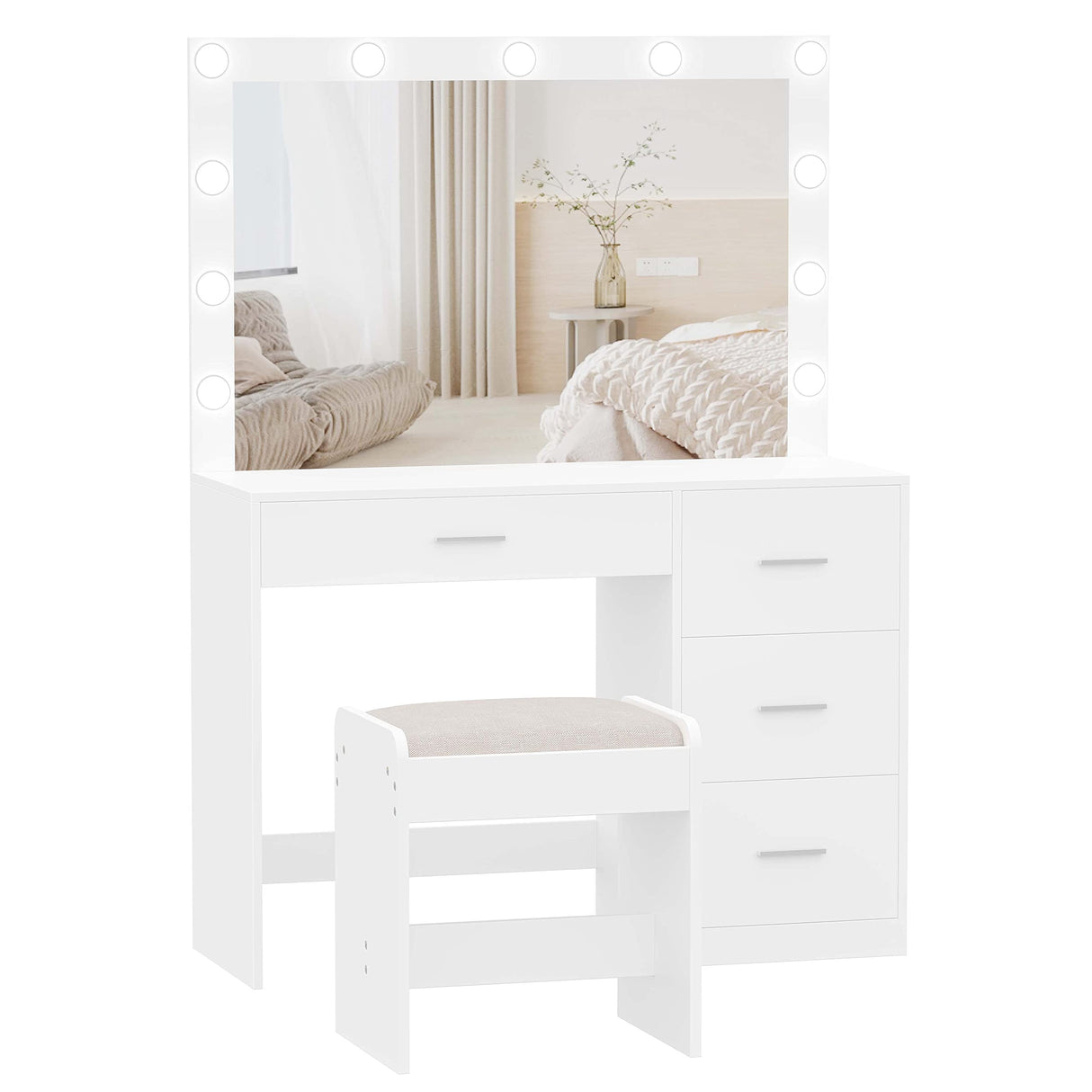 Irontar Makeup Vanity Table with Large Mirror, Vanity Desk with Stool and 11 LED Lights, Makeup Table with 4 Metal Sliding Drawers, Vanity Table Set with Bench for Women, White WDT002WD Irontar