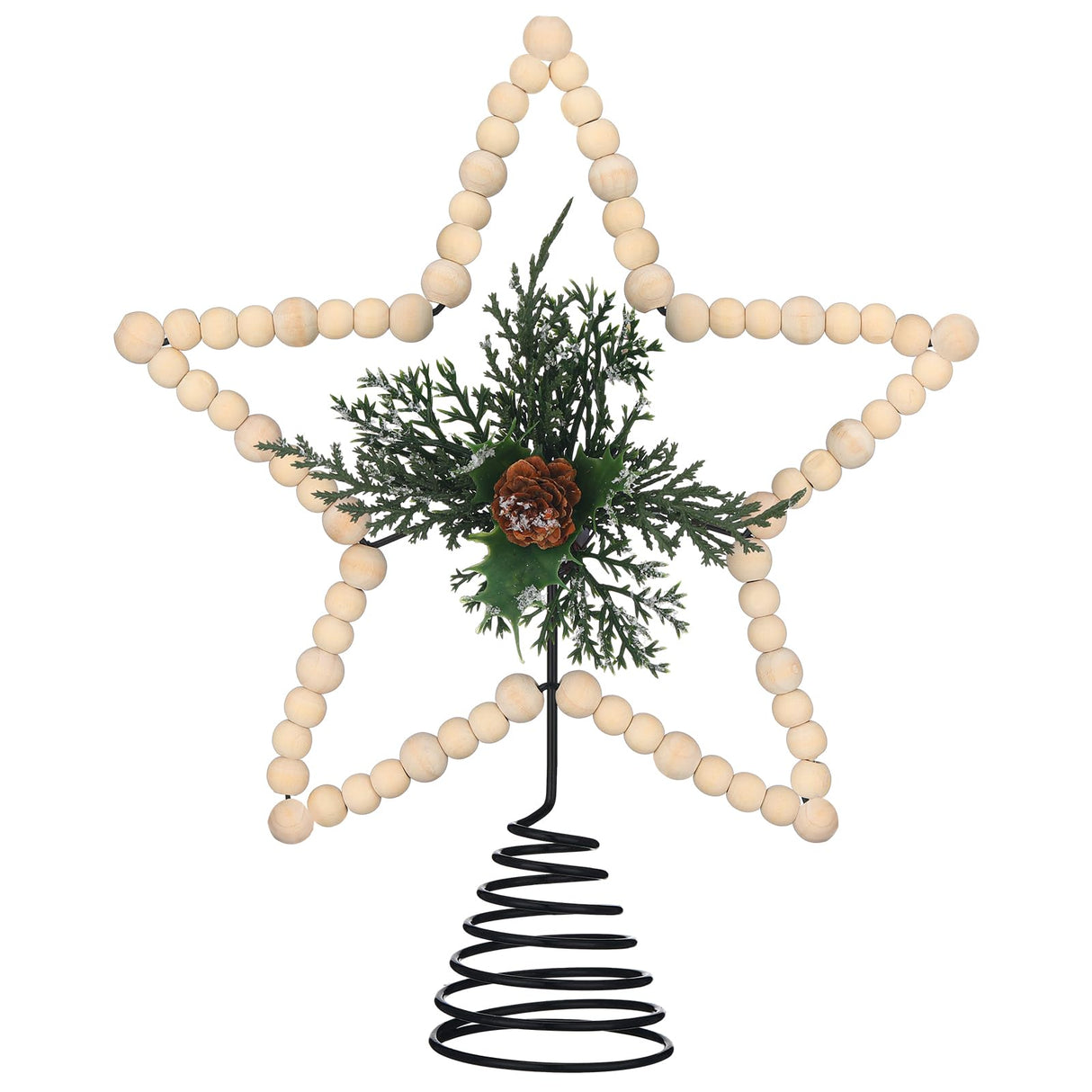 Gejoy Christmas Beaded Star Tree Topper Farmhouse Christmas Tree Topper Rustic Star Tree Topper with Berries Pinecones Neutral Christmas Star Tree Topper for Xmas Tree Decorations(Cone,Wooden) Gejoy
