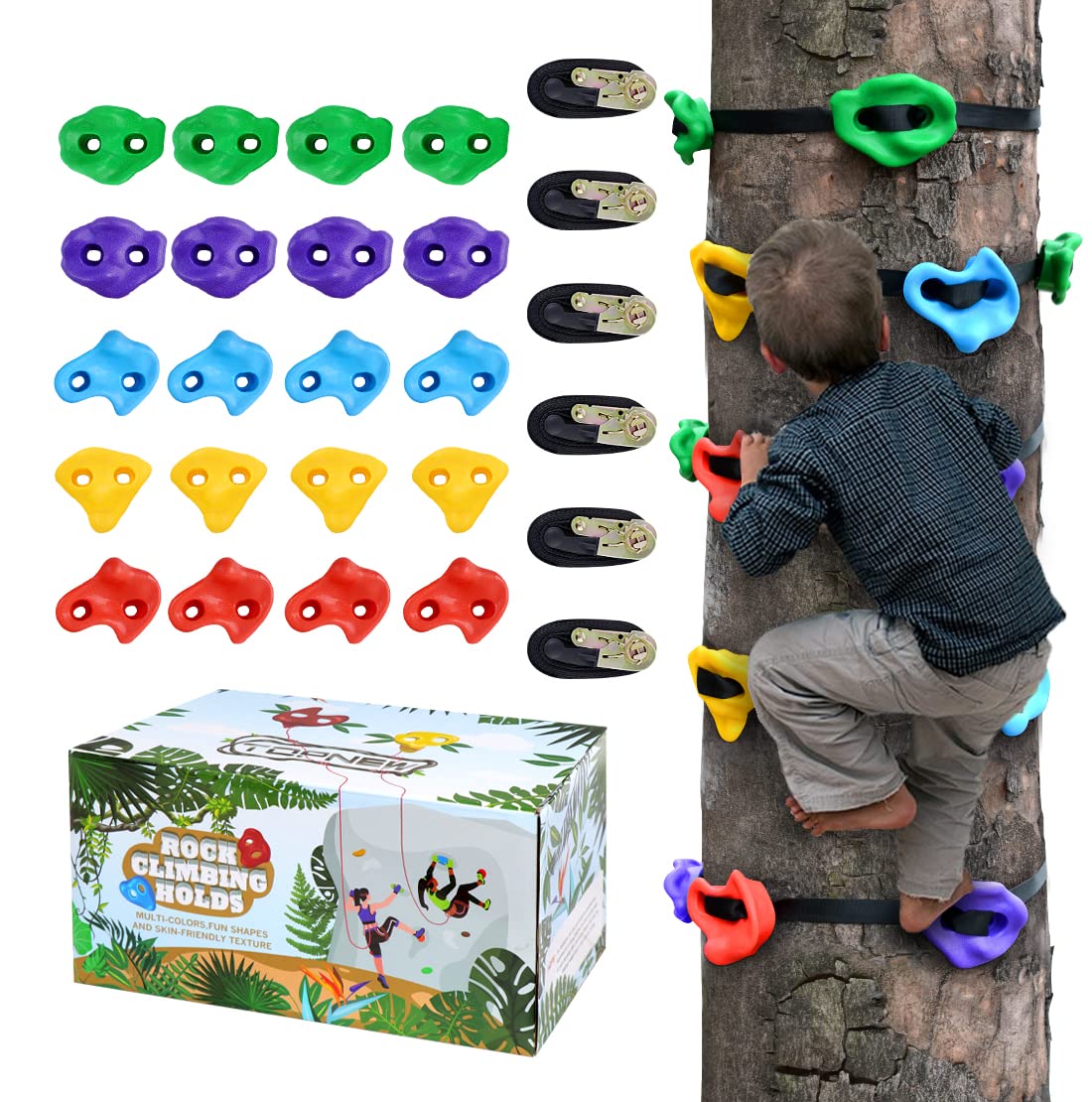 TOPNEW 20 Ninja Tree Climbing Holds for Kids Climber, Adult Climbing Rocks with 6 Ratchet Straps for Outdoor Ninja Warrior Obstacle Course Training TOPNEW