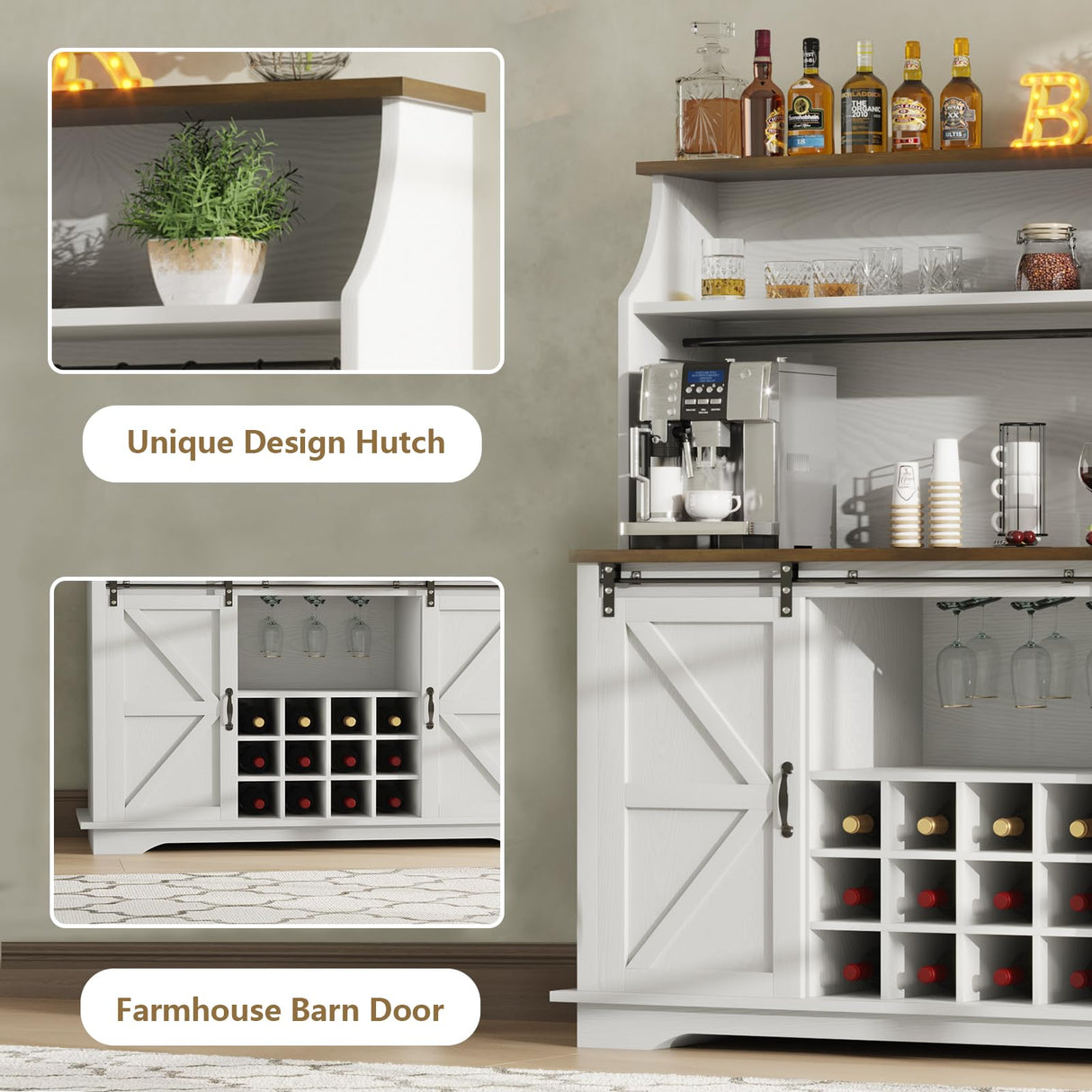 55" Farmhouse Coffee Bar with 3-Tier Storage, Kitchen Hutch Storage Cabinet with 6 Hooks, Wine Bar Cabinet with 12 Wine Racks & 3 Glass Holders, Hutch Cabinet with Storage for Dining Room, White REVOMINCA