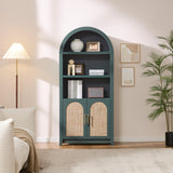 RowyPoey Rattan Arched Cabinet Bookshelf - 69.3” Tall Mid Century Display Cabinet, Rounded Bookcase with Rattan Doors, Open Shelf Storage for Dining Room (Green, 1 PC) RowyPoey