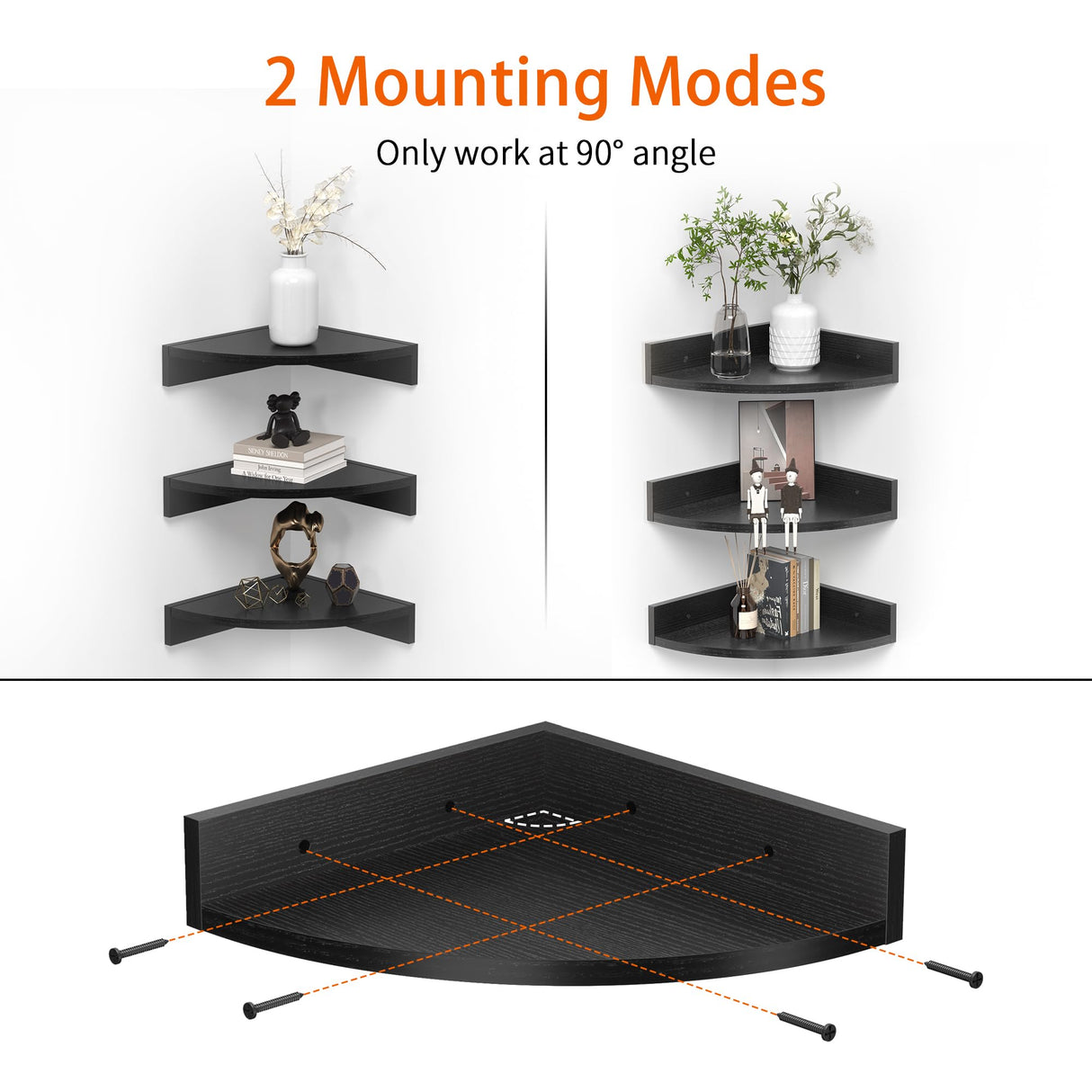 Fun Memories Corner Shelf Wall Mount, Wood Floating Corner Shelves, Corner Wall Shelf for Bedroom, Bathroom, Kitchen, Living Room (Black, 3 Pack) Fun Memories