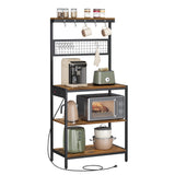 VASAGLE Bakers Rack with Charging Station, 31.5 Inches Coffee Bar Stand with Adjustable Storage Shelf, Grid Panel, 12 Hooks, Table for Microwave, Kitchen, Rustic Brown and Ink Black UKKS016K01 VASAGLE