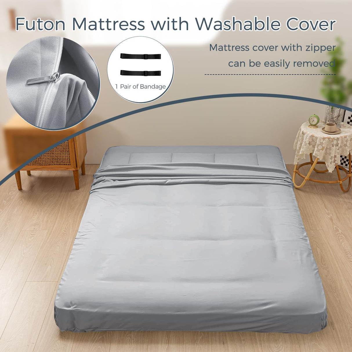 MAXYOYO Brand 6" Full Mattress, Grey, Medium, Floor Futon Mattress with Upgraded High-Density Base Support Foam, Includes Dustproof Cover & Straps MAXYOYO