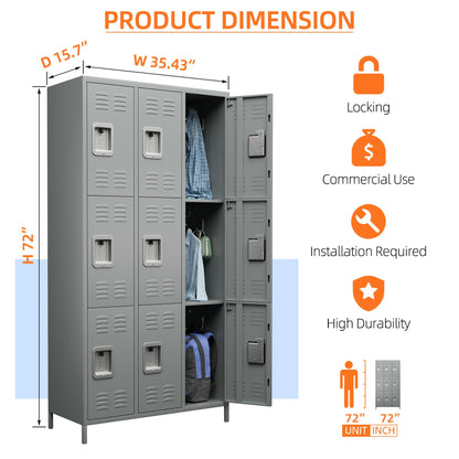 SUXXAN Employee Metal Locker, 72" Tall Metal Storage Lockers with 9 Doors, Lockers for Storage in Gyms, Homes, Garages, and Offices with - WoodArtSupply