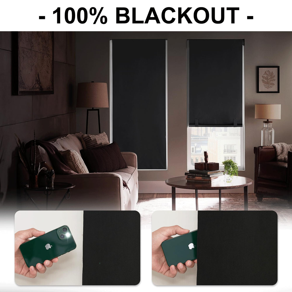 RYB HOME Black 100% Blackout Cordless Roller Shades Cuttable for Windows and Doors with 2 Magnetic Tie Backs Easy to Lift, No Drill Privacy Blinds with Customizable Width, W36 x L72, 1 Panel RYB HOME