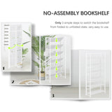 4NM No Assembly Folding Bookshelf, 6-Shelf 74" H Collapsible Foldable Bookcase Storage for Small Spaces, All White 4NM