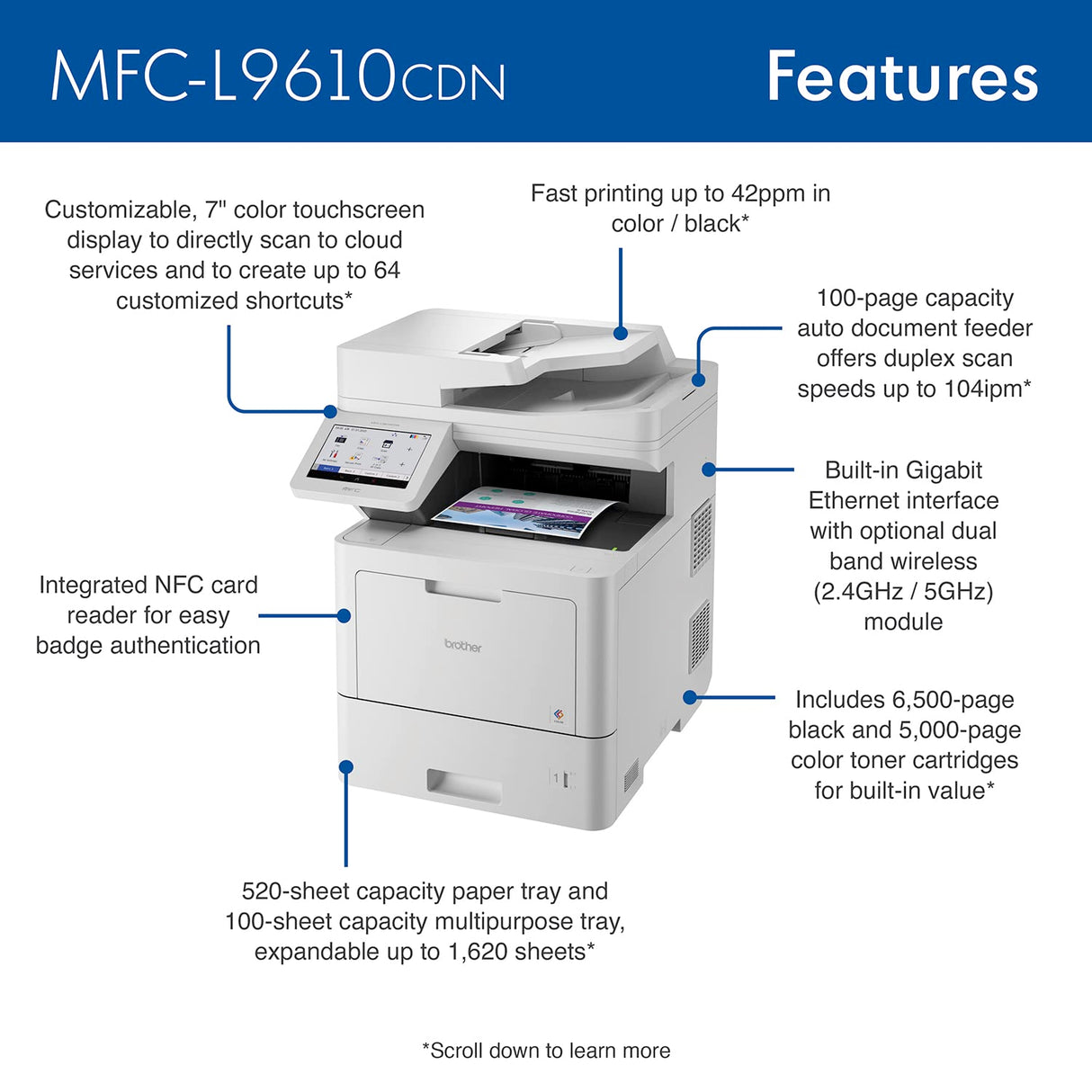 Brother MFC‐L9610CDN Enterprise Color Laser All‐in‐One Printer with Fast Printing, Large Paper Capacity, and Advanced Security Features, White Brother