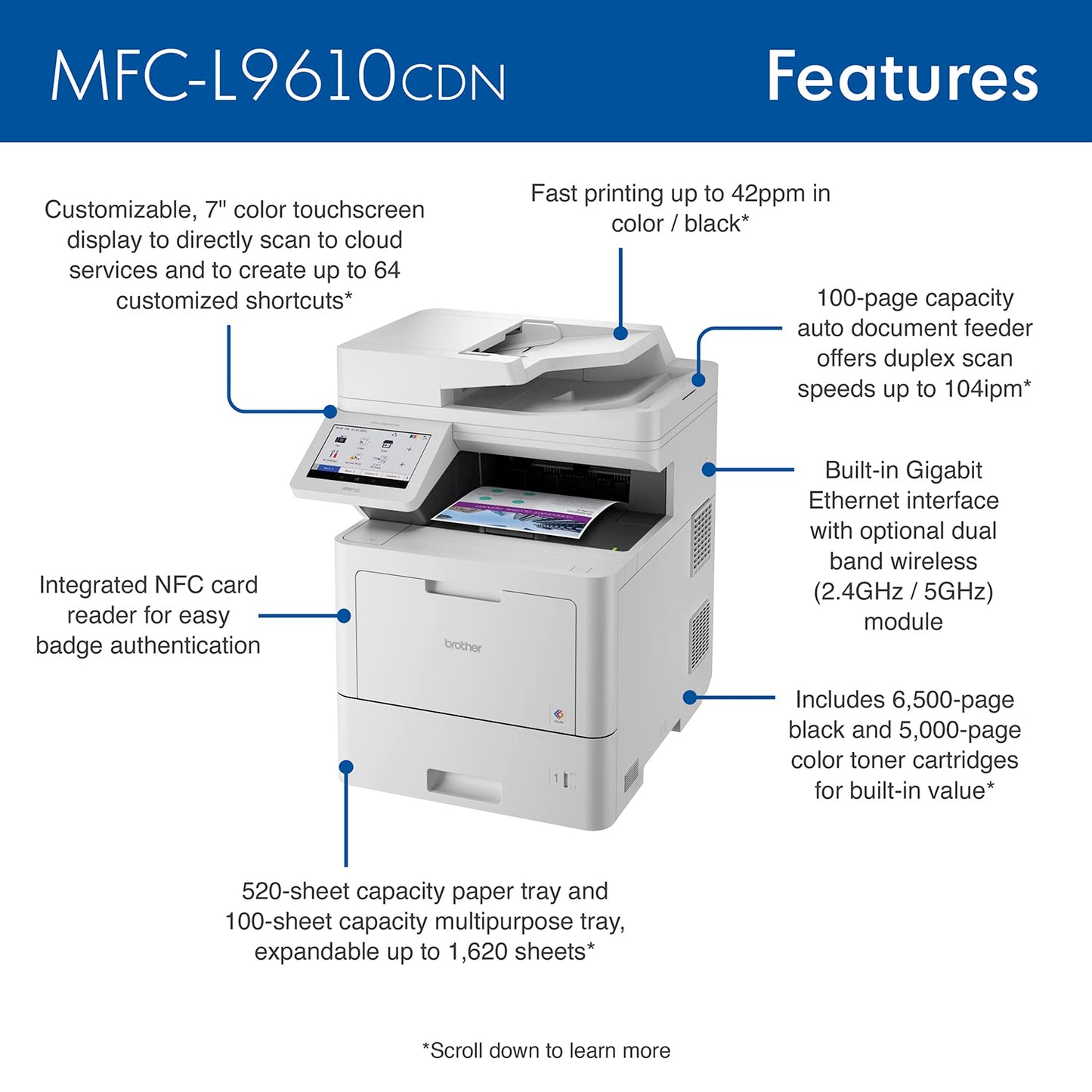 Brother MFC‐L9610CDN Enterprise Color Laser All‐in‐One Printer with Fast Printing, Large Paper Capacity, and Advanced Security Features, White