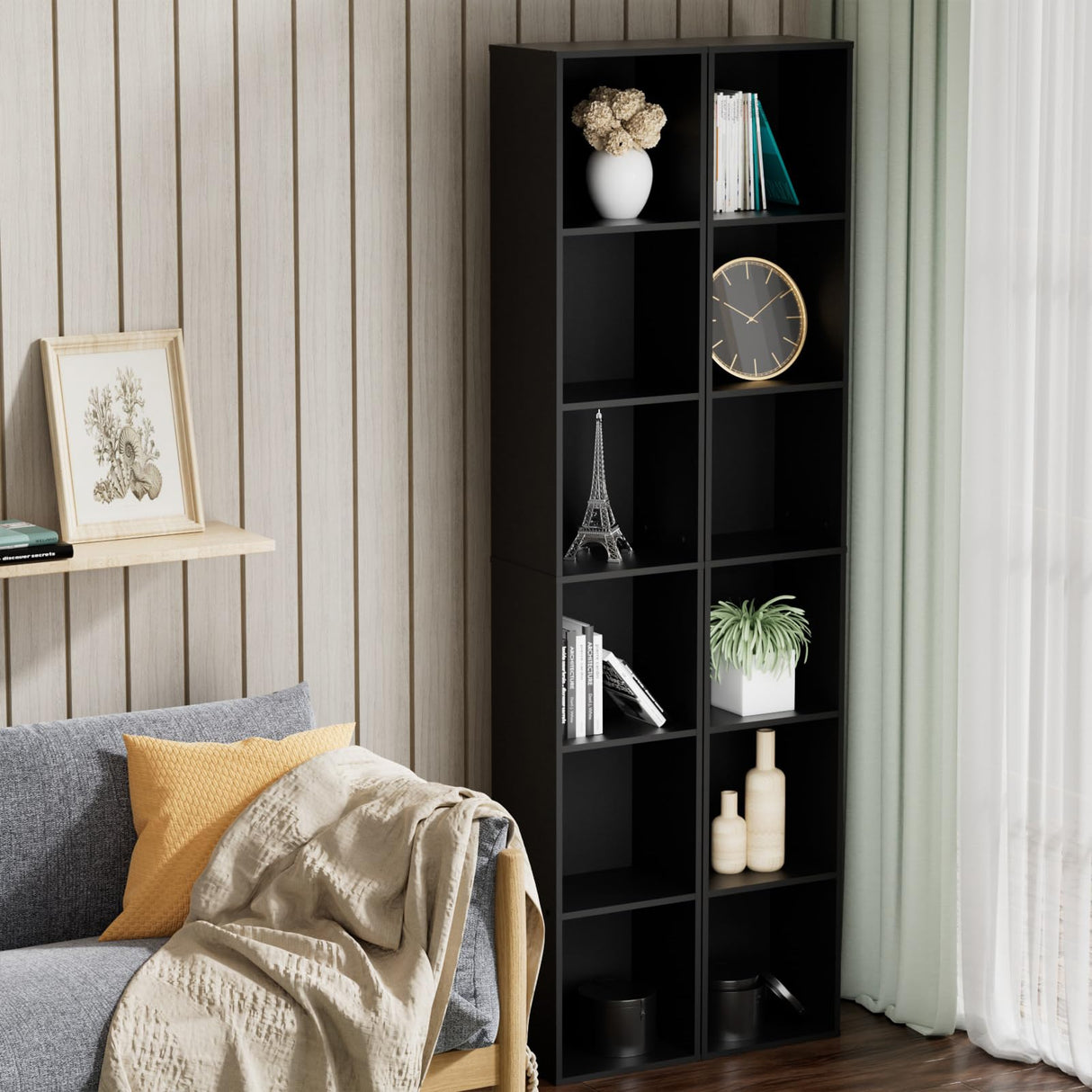 QieerHior Tall Narrow Bookshelf 6-Tier Bookcase,70.5" Skinny Thin Corner Shelf Slim Storage Cabinet,Wood DVD CD Media Cube Organizer Tower Rack for Small Spaces, Bedroom, Living Room, Office,Black QieerHior
