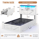 VIAGDO Farmhouse Bed Frame Twin Size with Bookcase Storage Headboard, Charging Station and LED Lights, Wooden Twin Bed Frames with 4 Drawers, Barn Door Design, No Box Spring Needed, No Noise, White VIAGDO