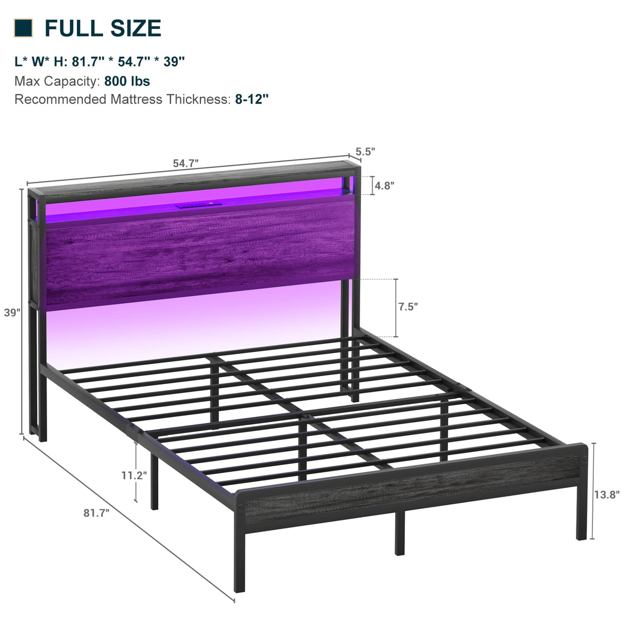 Homieasy Full Size Bed Frame with Headboard, Metal Full Bed Frames with Charging Station and Led Lights, Industrial Platform Bed Frame, No Box Spring Needed, Noise-Free, Black Oak Homieasy