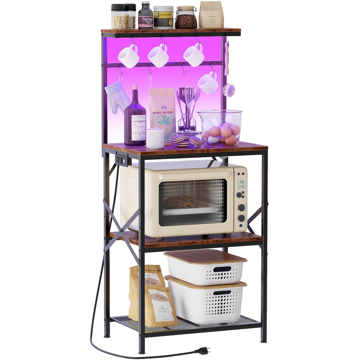 Kitchen Bakers Rack with Power Outlet & LED Lights, Small Coffee Bar Table with Adjustable Storage Shelf, 4 Tiers Microwave Stand with 8 Hooks, Coffee Station for Appliance Organizer, Rustic Brown Korfile